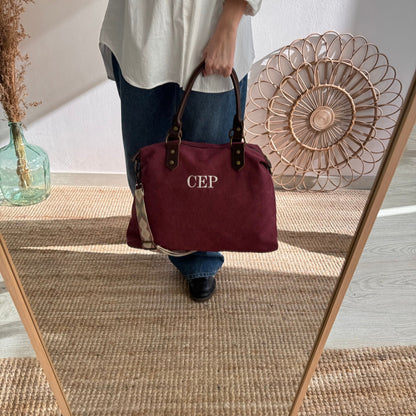 Bolso combinado loneta y piel granate iniciales bordadas con correa étnica - Bubbleshopbcn