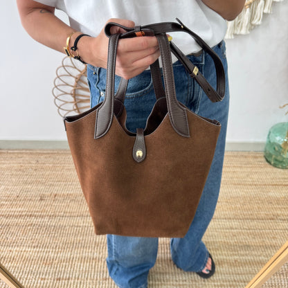 Bolso combinado serraje y piel marrón