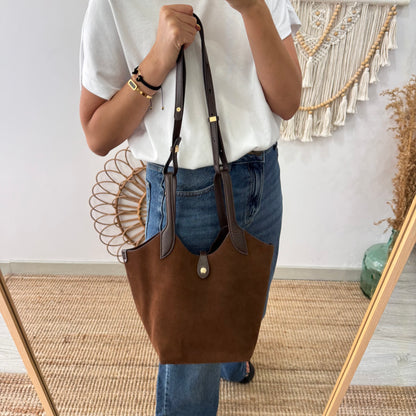 Bolso combinado serraje y piel marrón