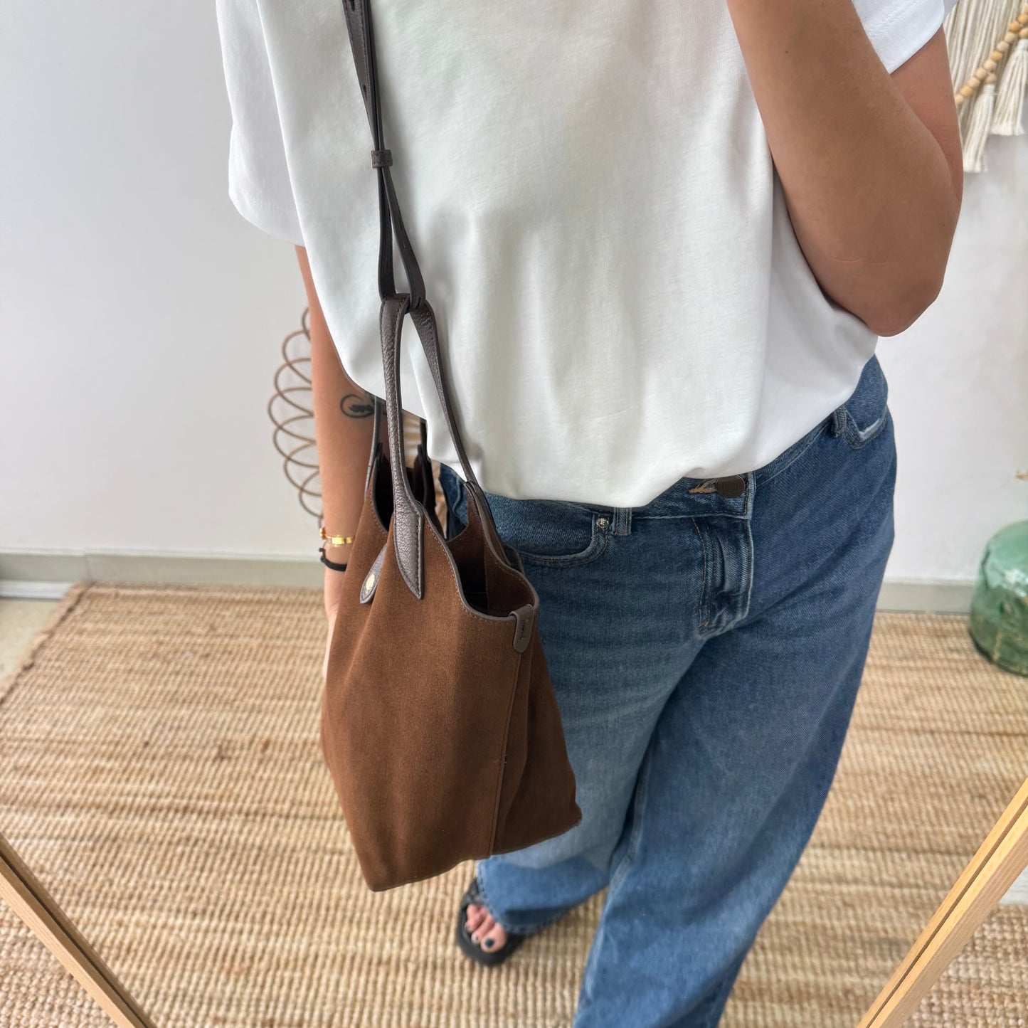 Bolso combinado serraje y piel marrón