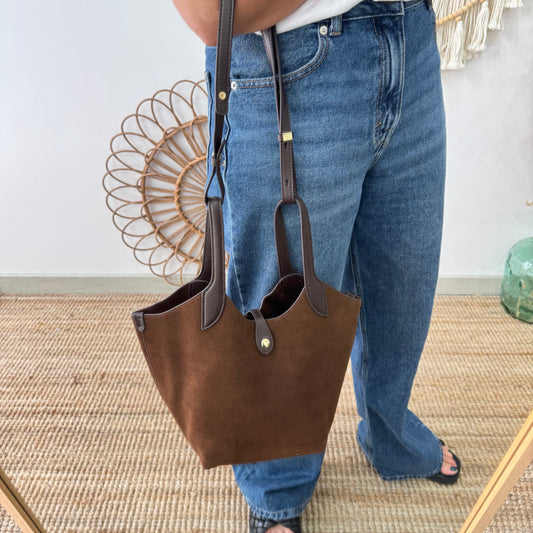 Bolso combinado serraje y piel marrón