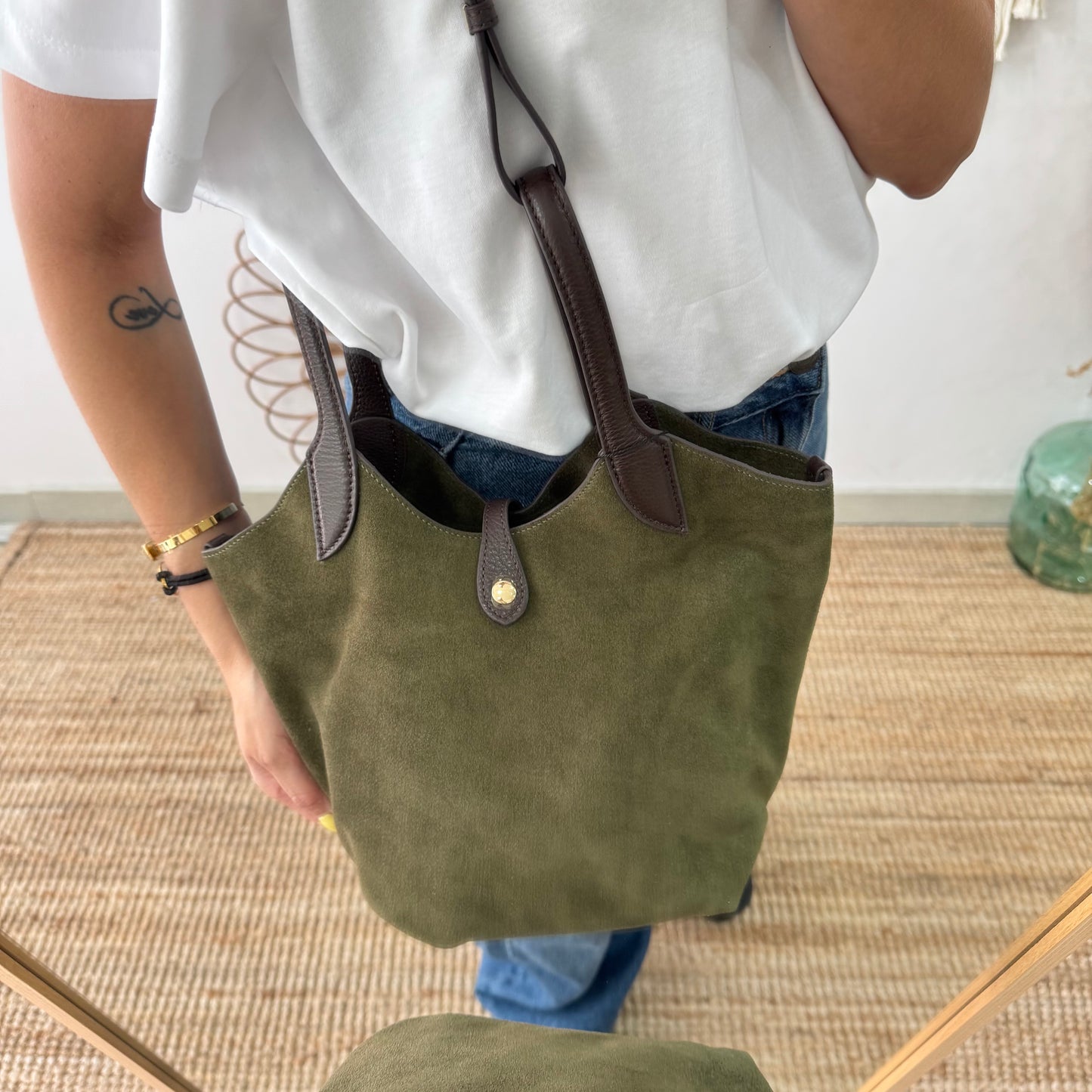 Bolso combinado serraje y piel caqui