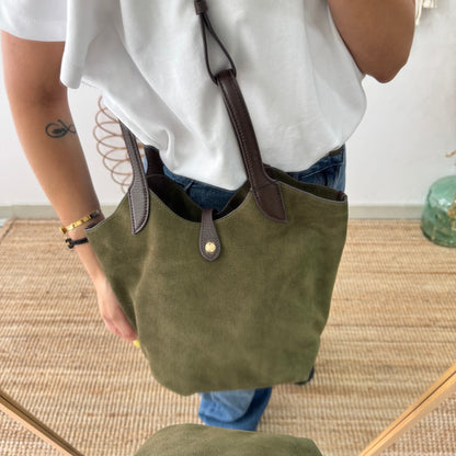 Bolso combinado serraje y piel caqui