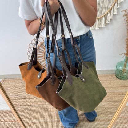 Bolso combinado serraje y piel marrón