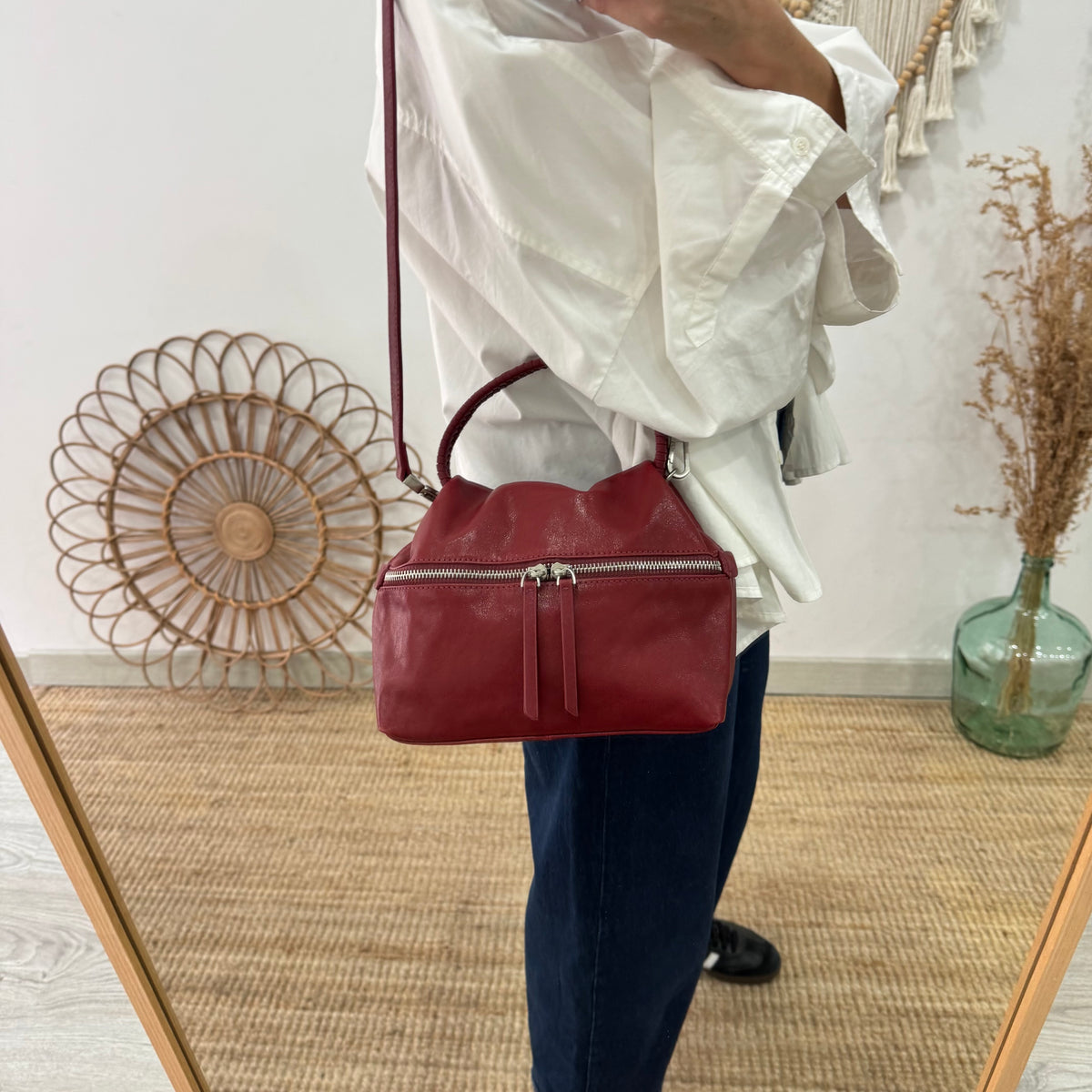 Bolso bombonera asa fruncida granate