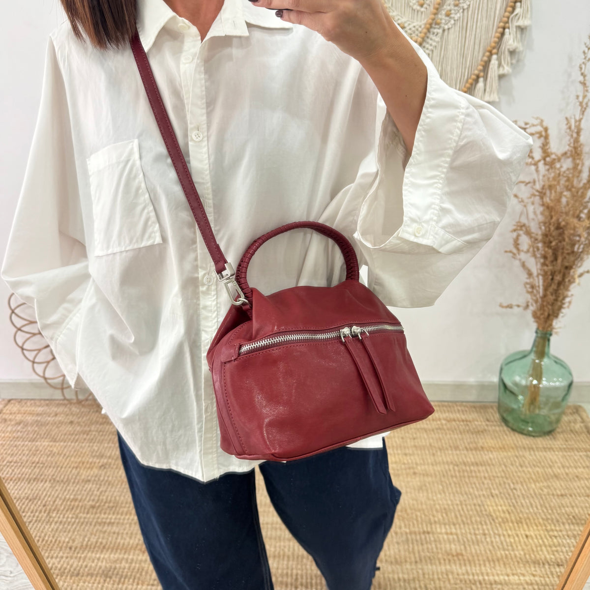 Bolso bombonera asa fruncida granate