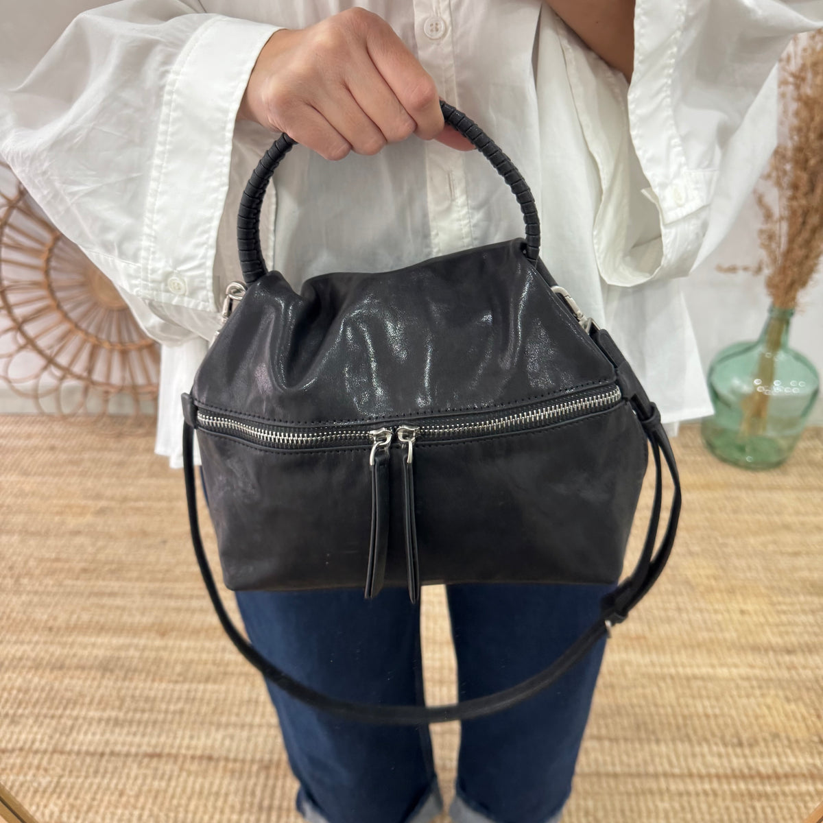Bolso bombonera asa fruncida negro