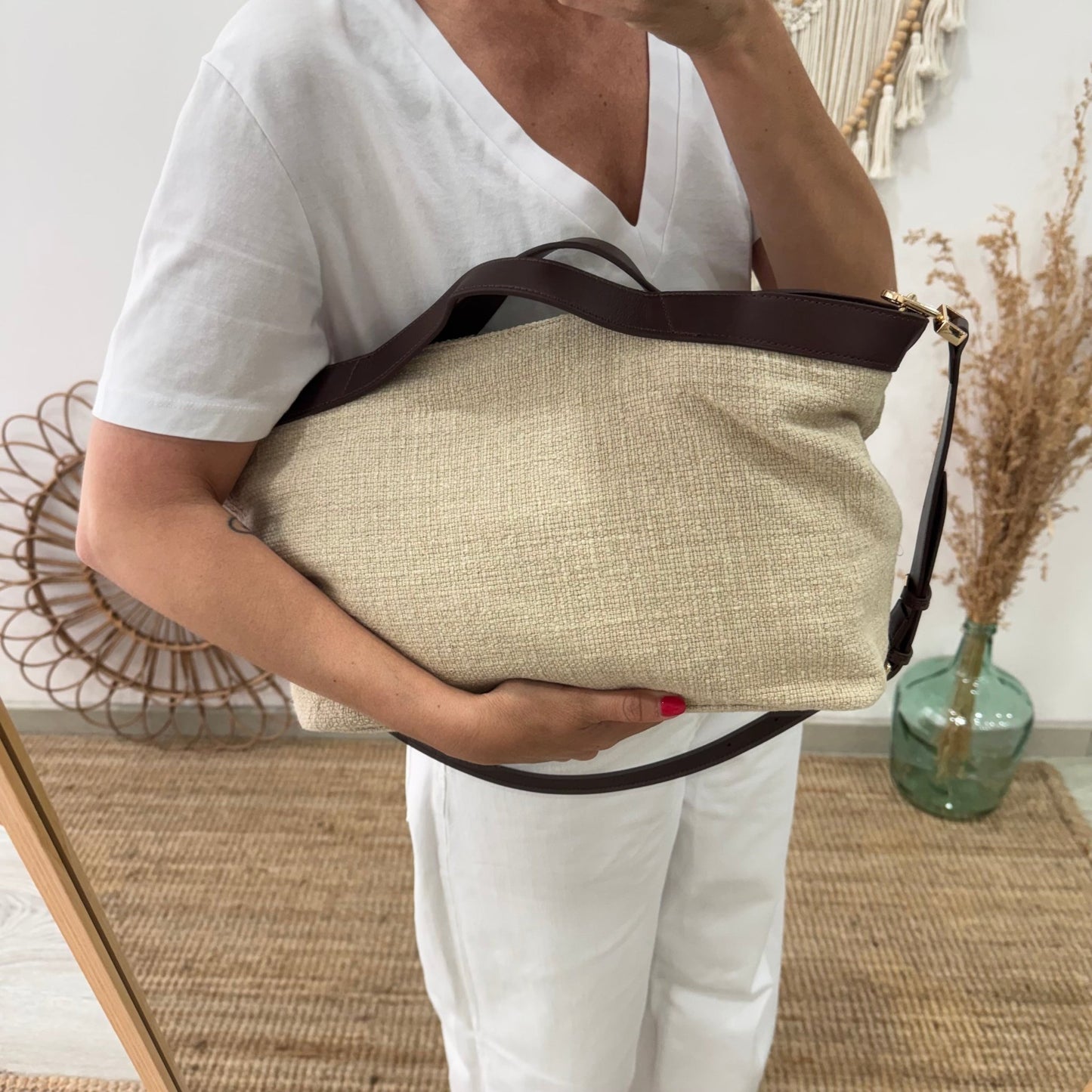 Bolso hobo lino y piel beige