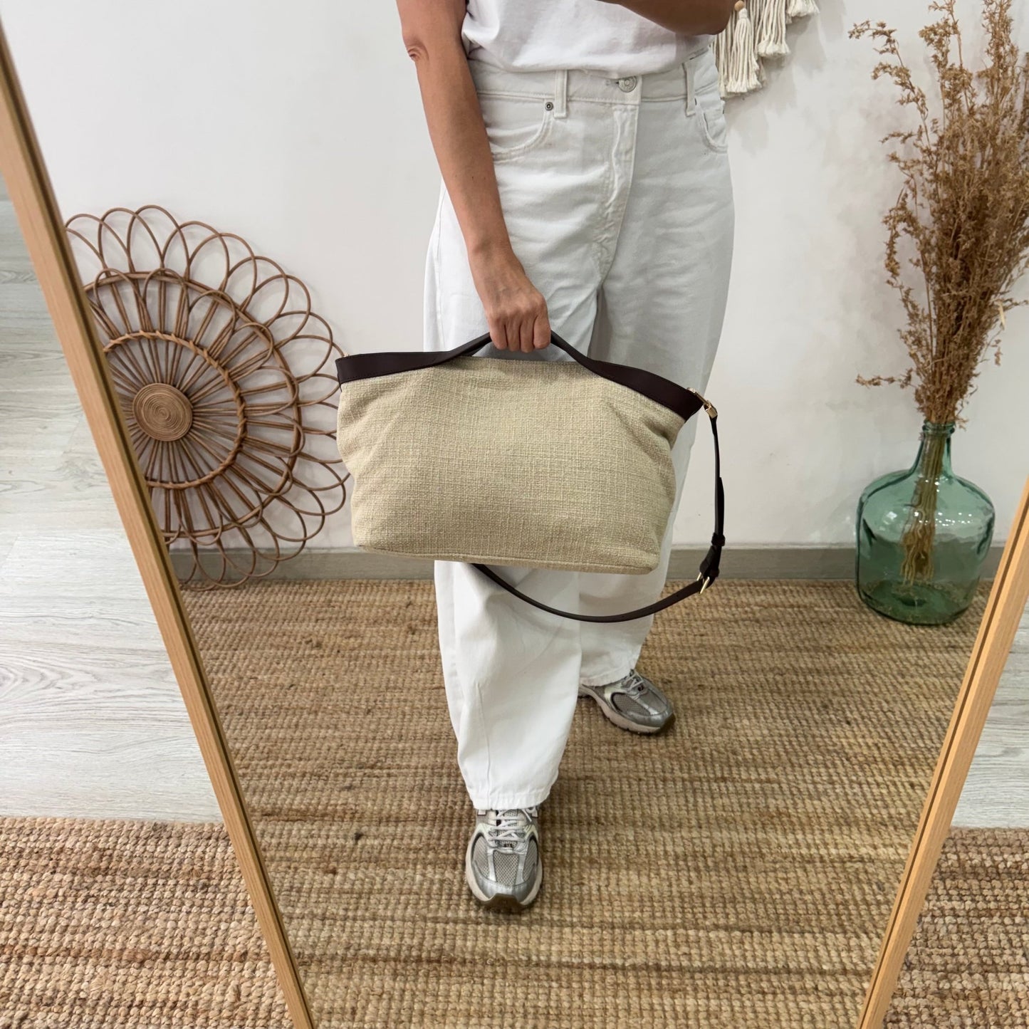 Bolso hobo lino y piel beige