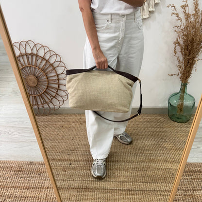 Bolso hobo lino y piel beige