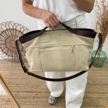 Bolso hobo lino y piel beige