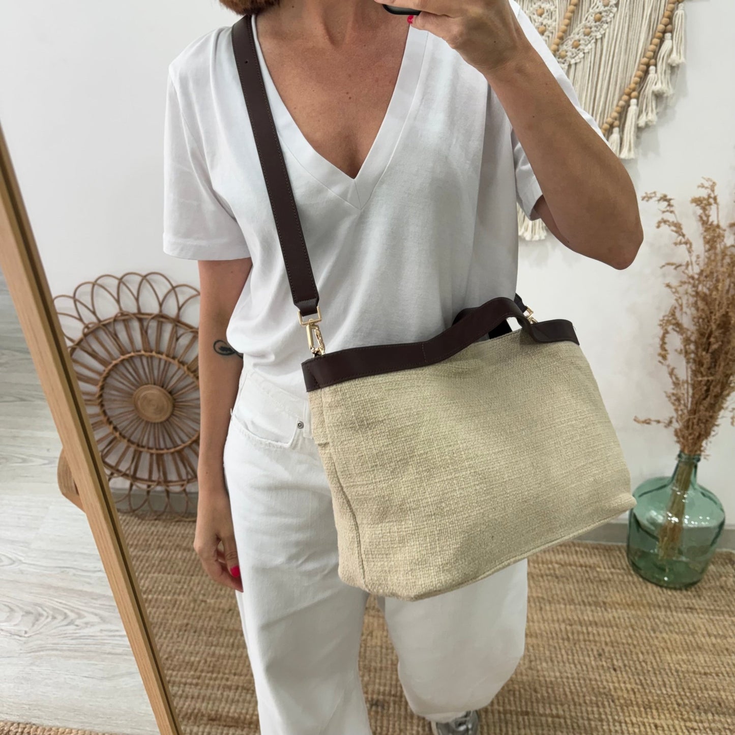 Bolso hobo lino y piel beige