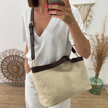 Bolso hobo lino y piel beige