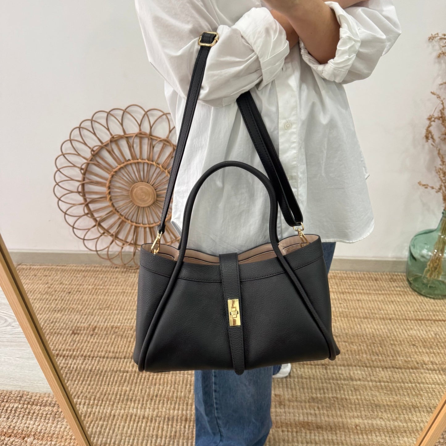 Bolso shopping piel negro mediano - Bubbleshopbcn