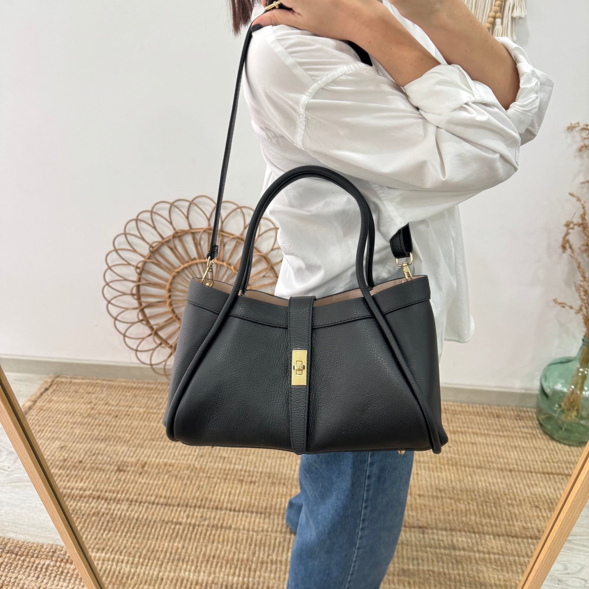 Bolso shopping piel negro mediano - Bubbleshopbcn