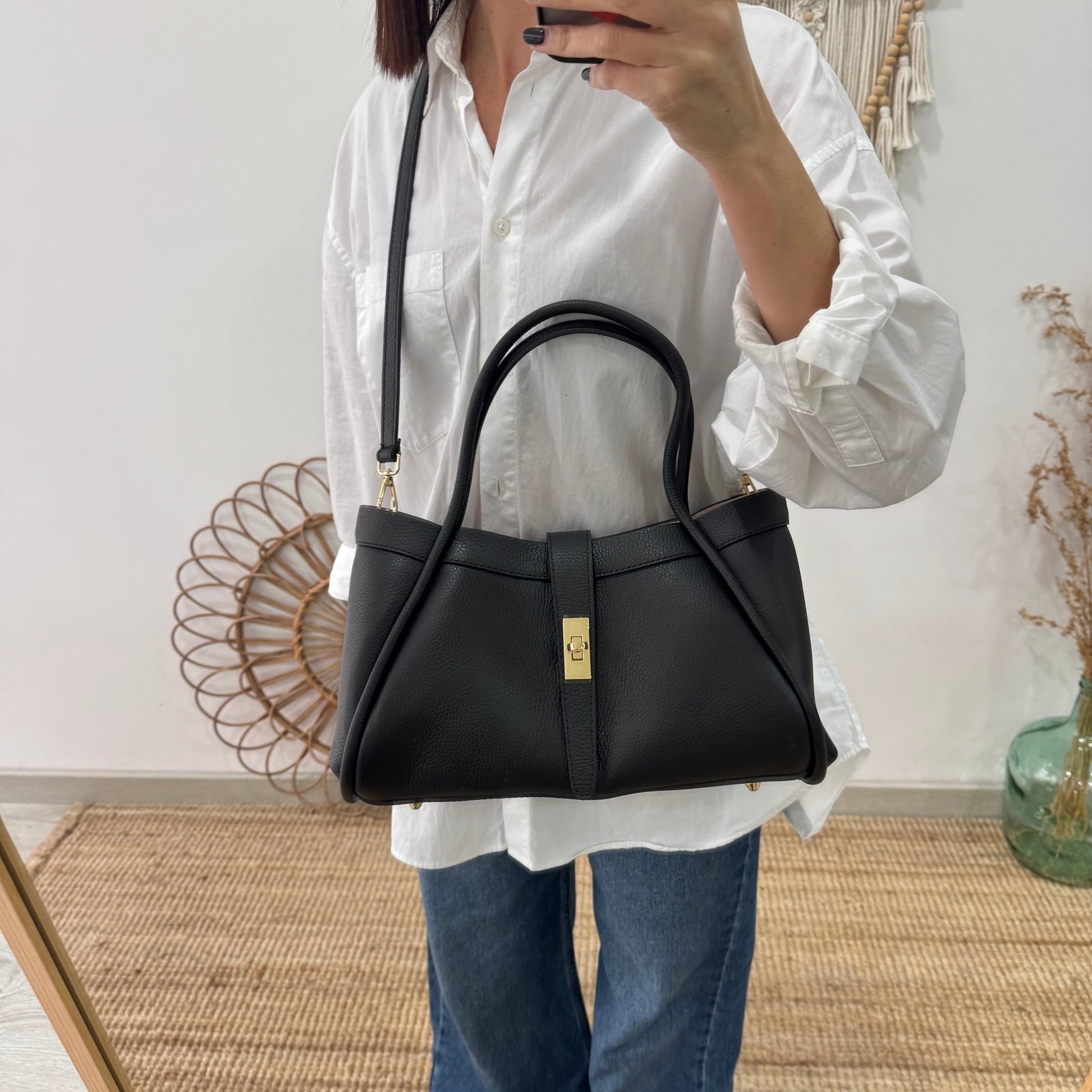 Bolso shopping piel negro mediano - Bubbleshopbcn