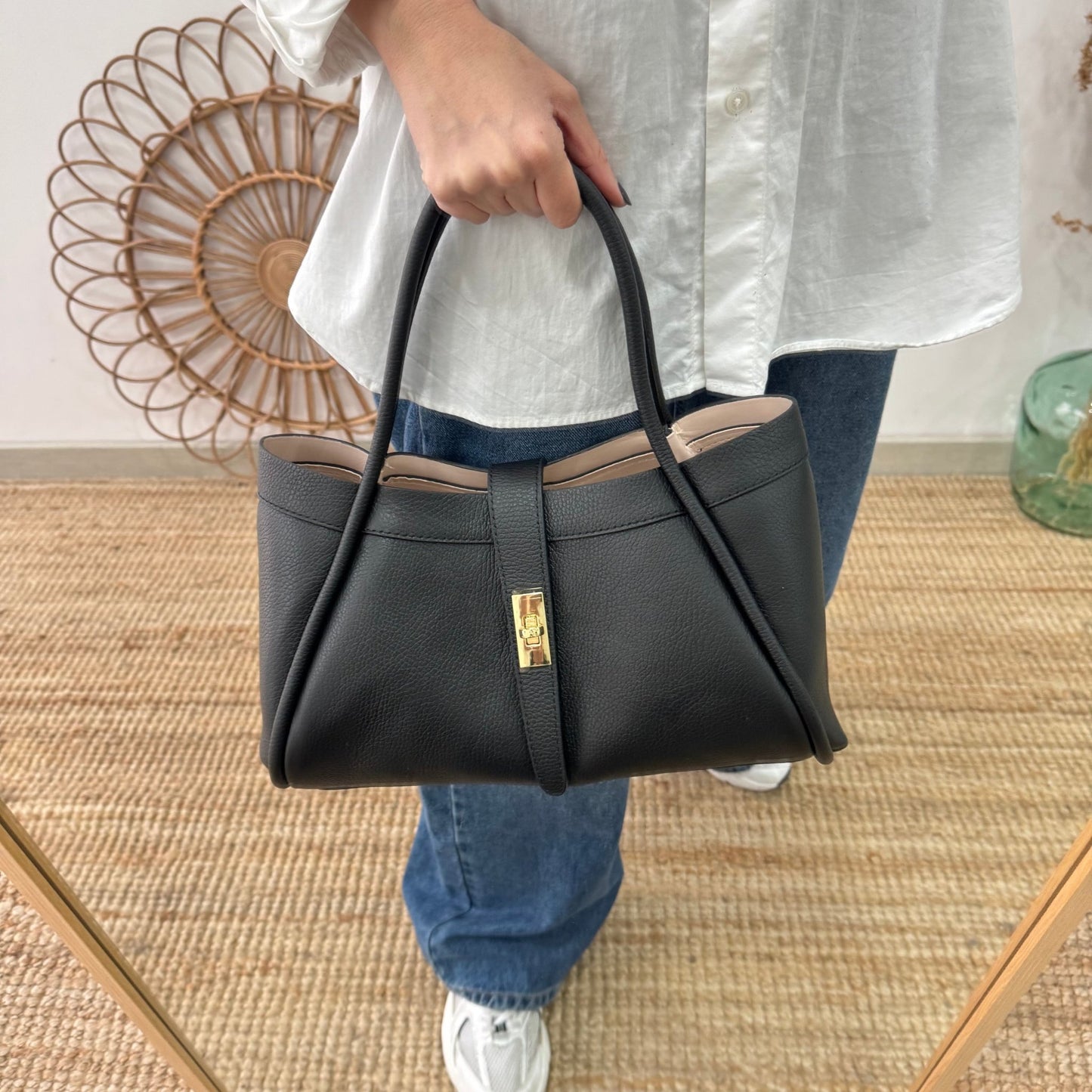 Bolso shopping piel negro mediano - Bubbleshopbcn