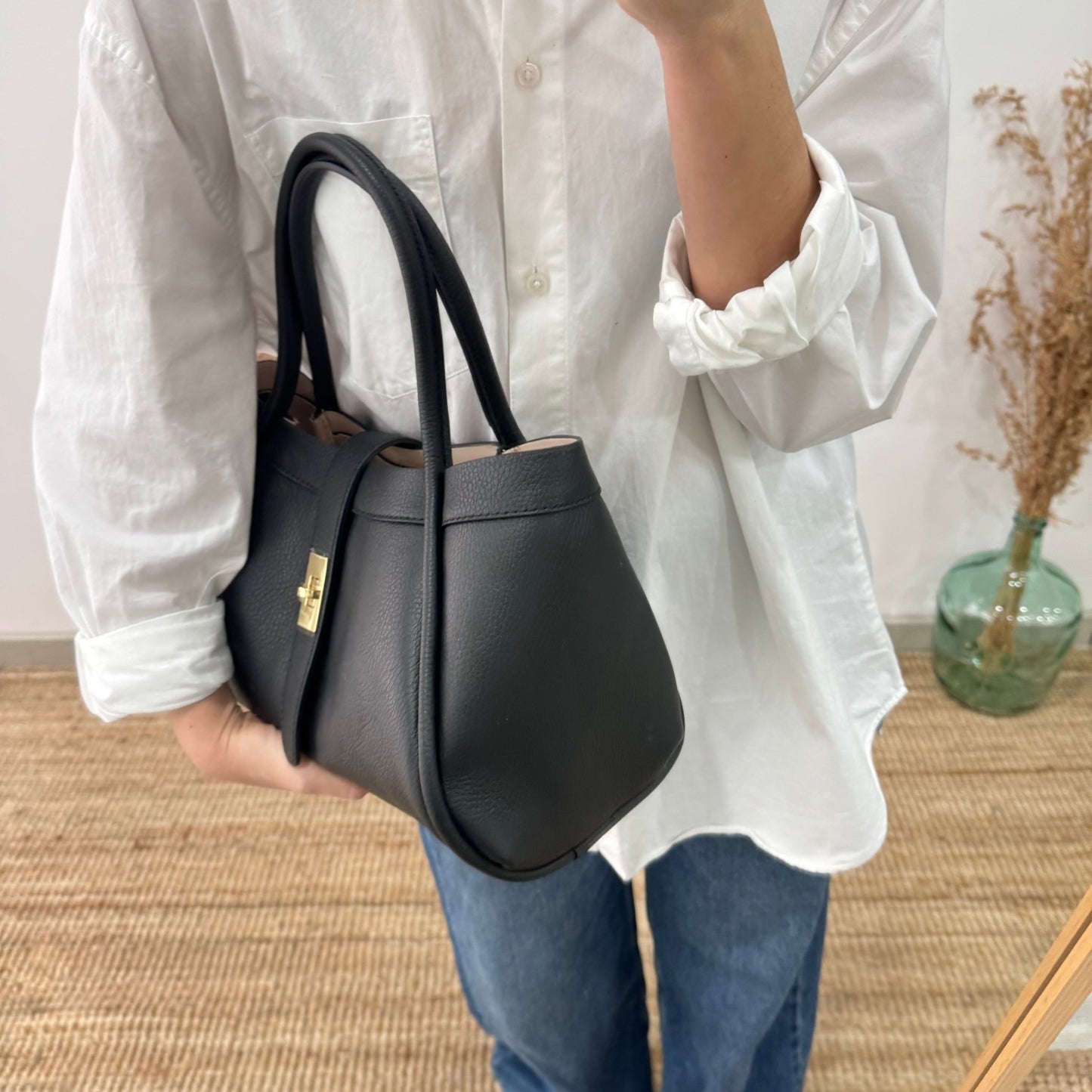 Bolso shopping piel negro mediano - Bubbleshopbcn