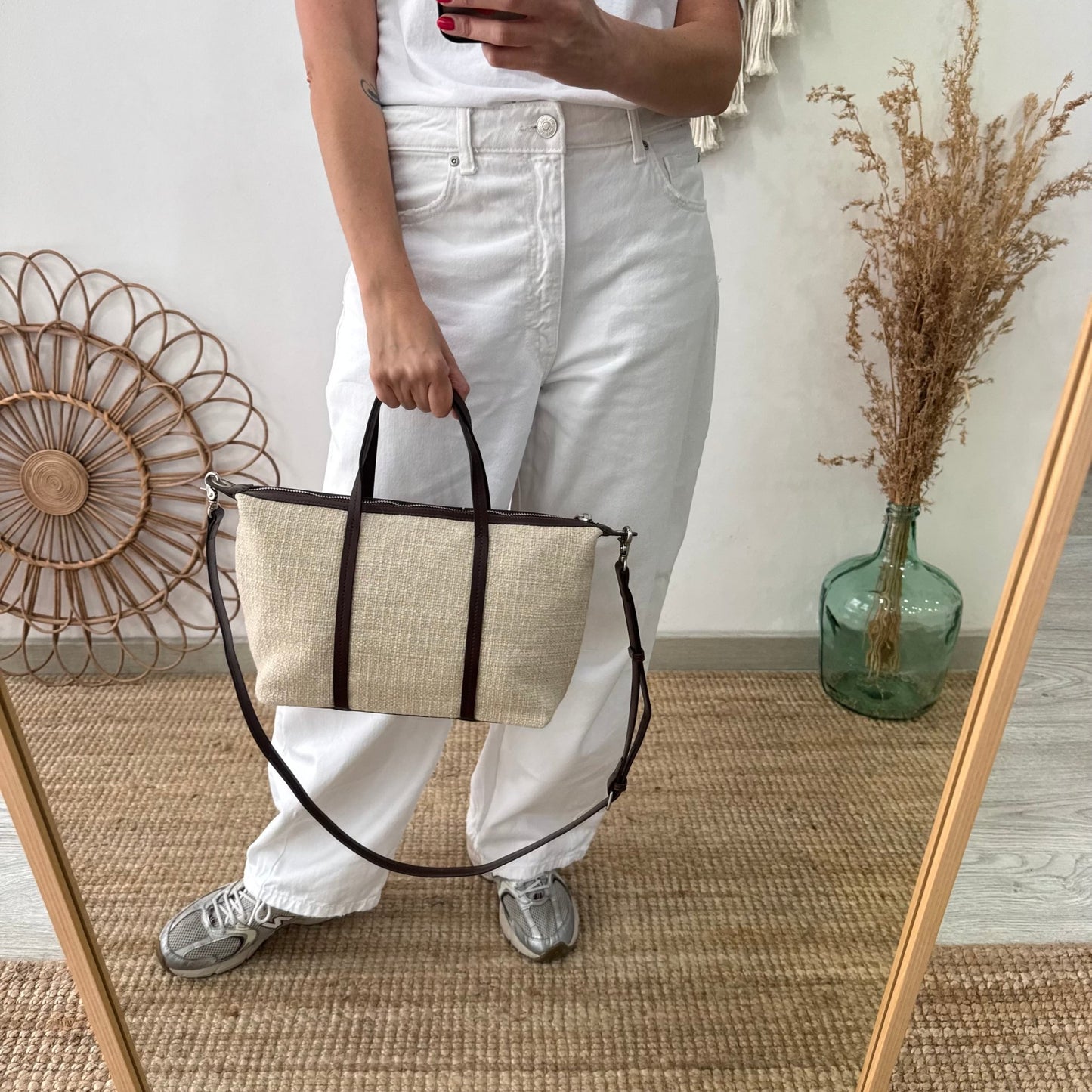 Bolso Shopper Lino y Piel beige