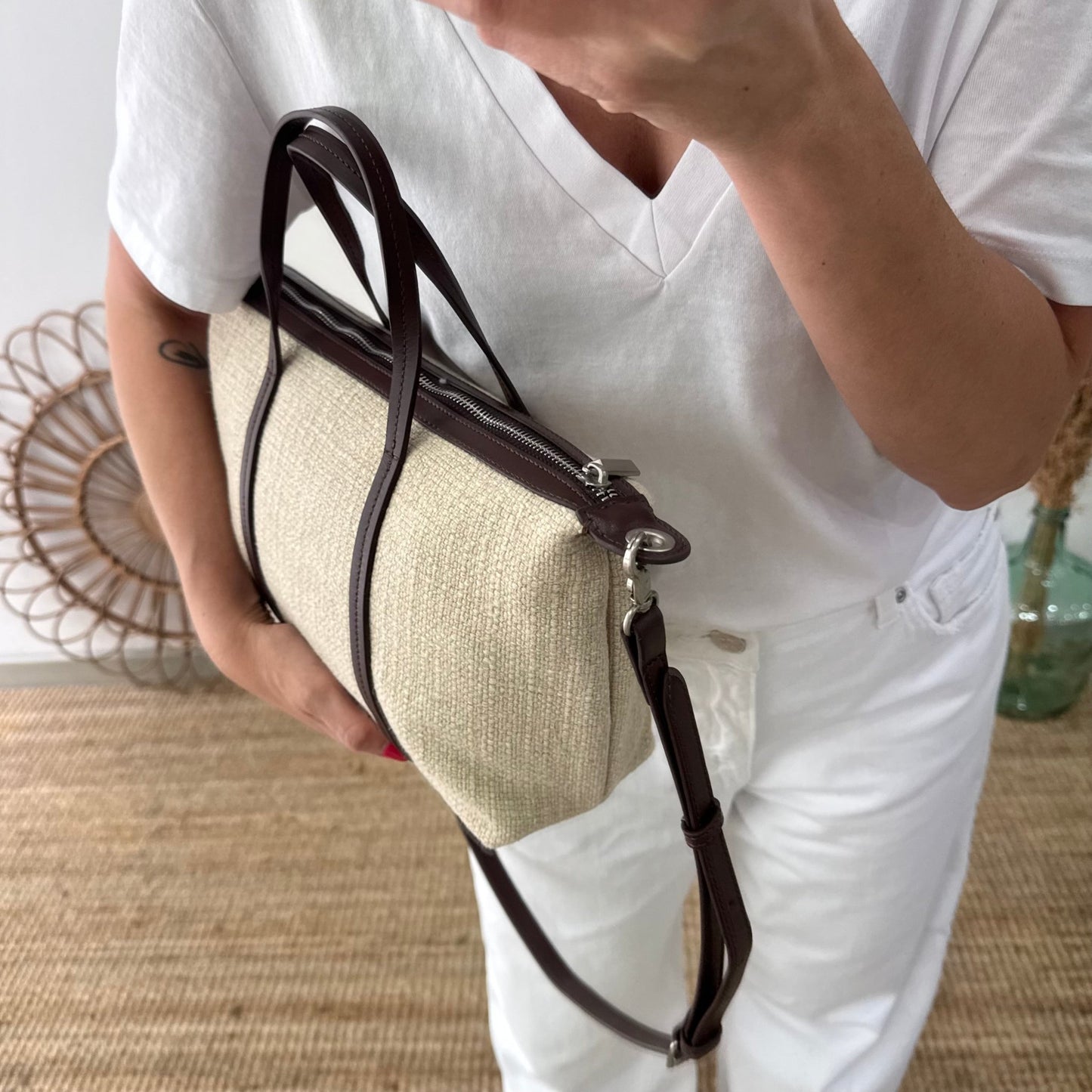 Bolso Shopper Lino y Piel beige