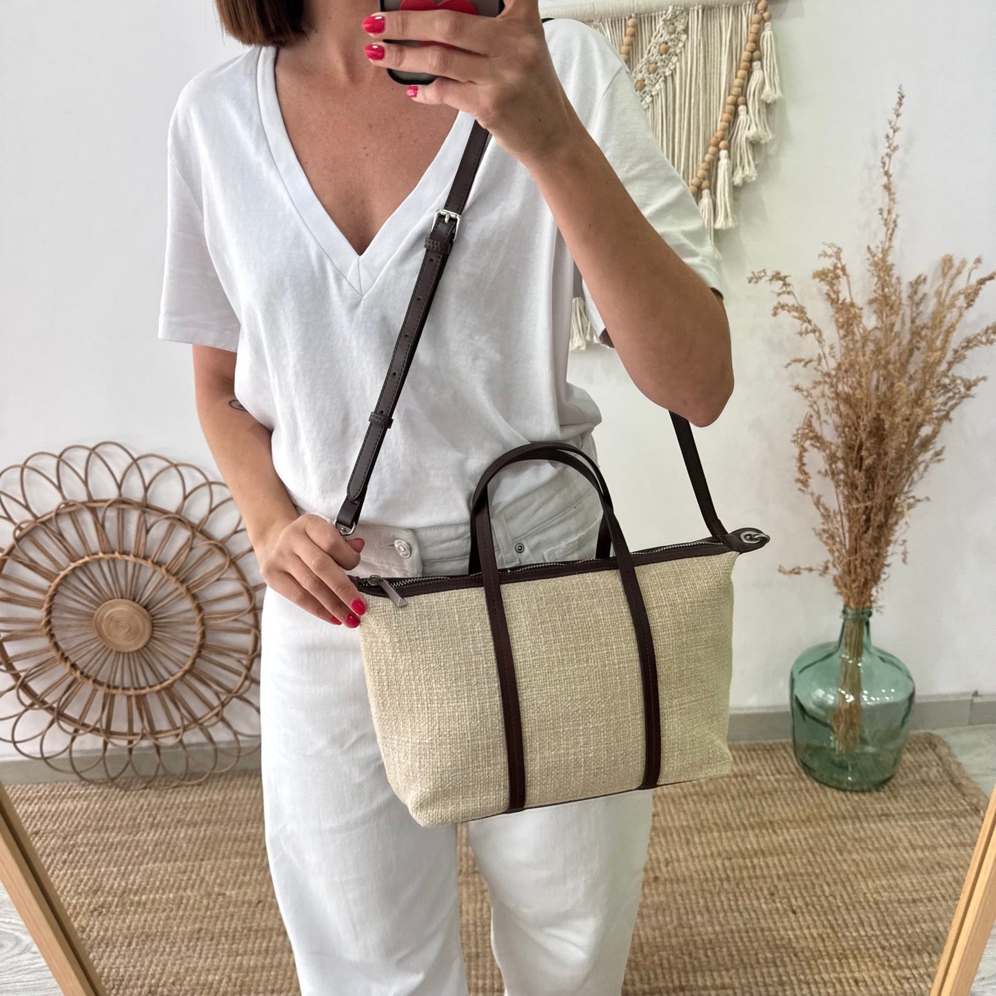 Bolso Shopper Lino y Piel beige