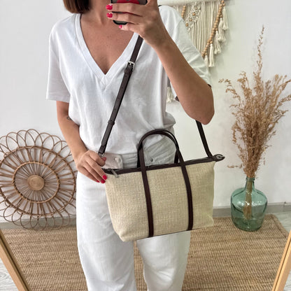 Bolso Shopper Lino y Piel beige