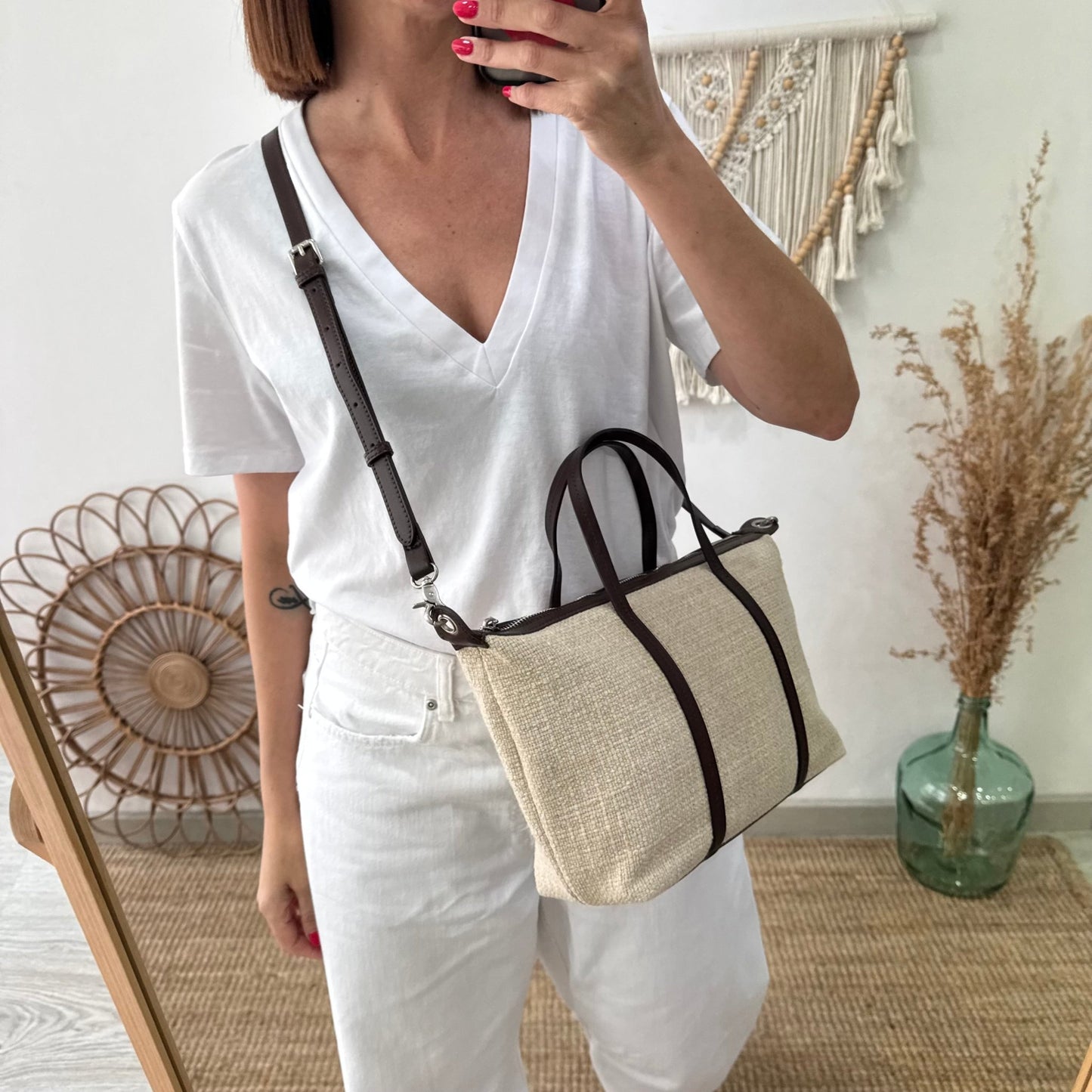 Bolso Shopper Lino y Piel beige