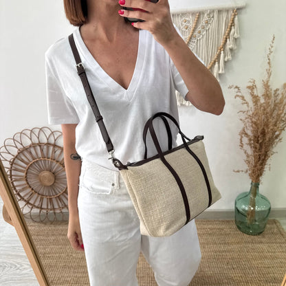 Bolso Shopper Lino y Piel beige