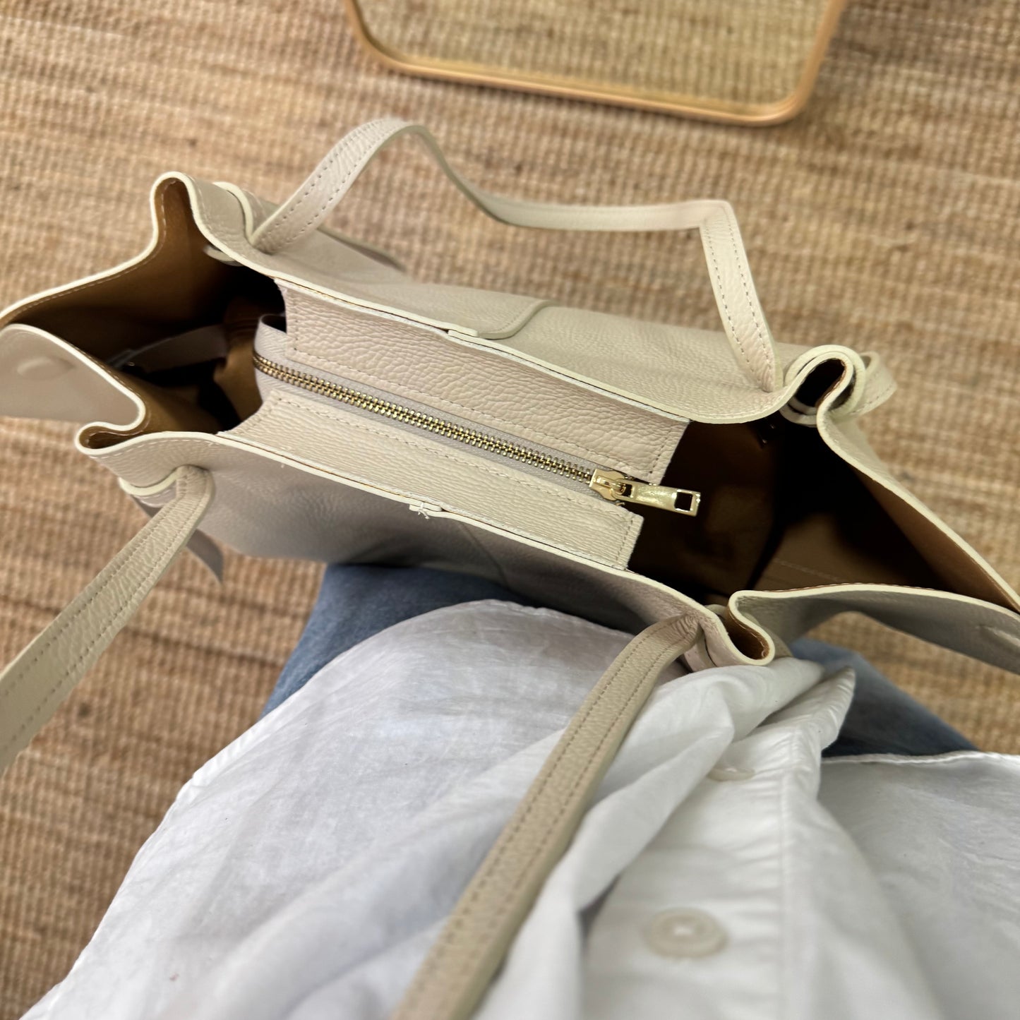 Bolso tote piel beige tiras