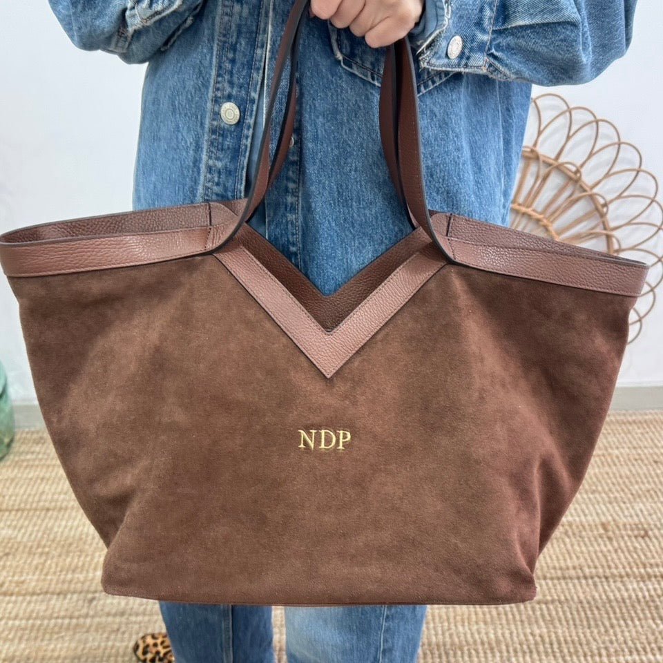 Bolso shopper combinado piel y serraje marrón