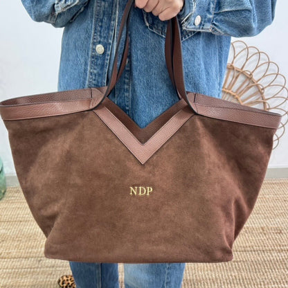 Bolso shopper combinado piel y serraje marrón