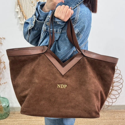 Bolso shopper combinado piel y serraje marrón