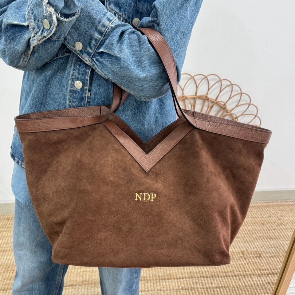 Bolso shopper combinado piel y serraje marrón