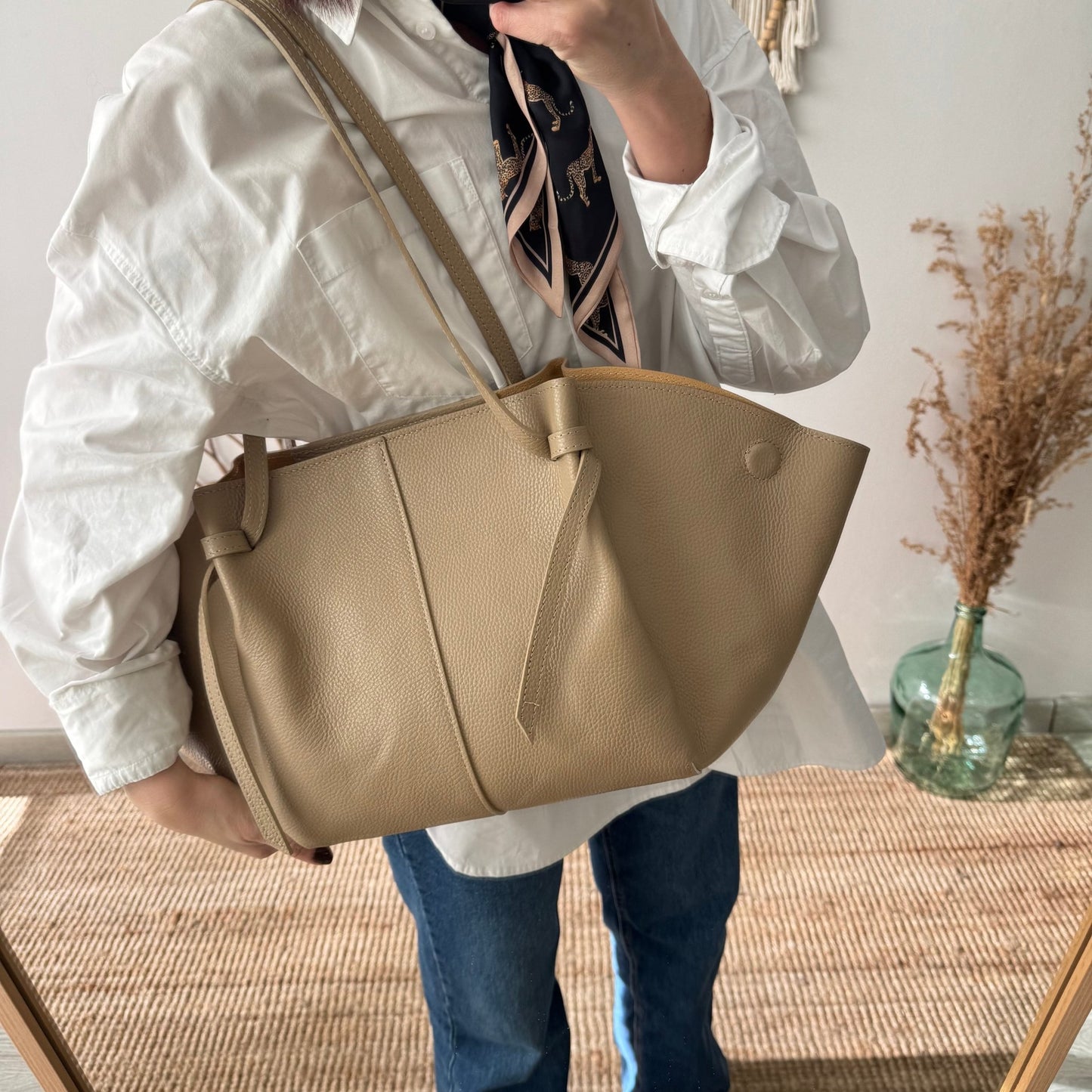 Bolso tote piel taupe tiras - Bubbleshopbcn