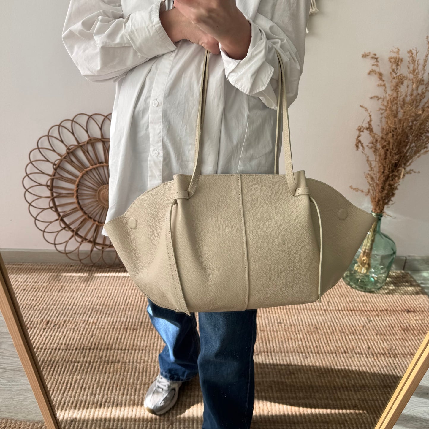 Bolso tote piel beige tiras