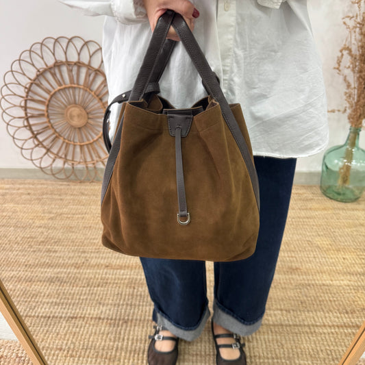 Bolso saco piel y serraje marrón