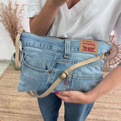 Bandolera denim asas piel taupe iniciales bordadas - Bubbleshopbcn