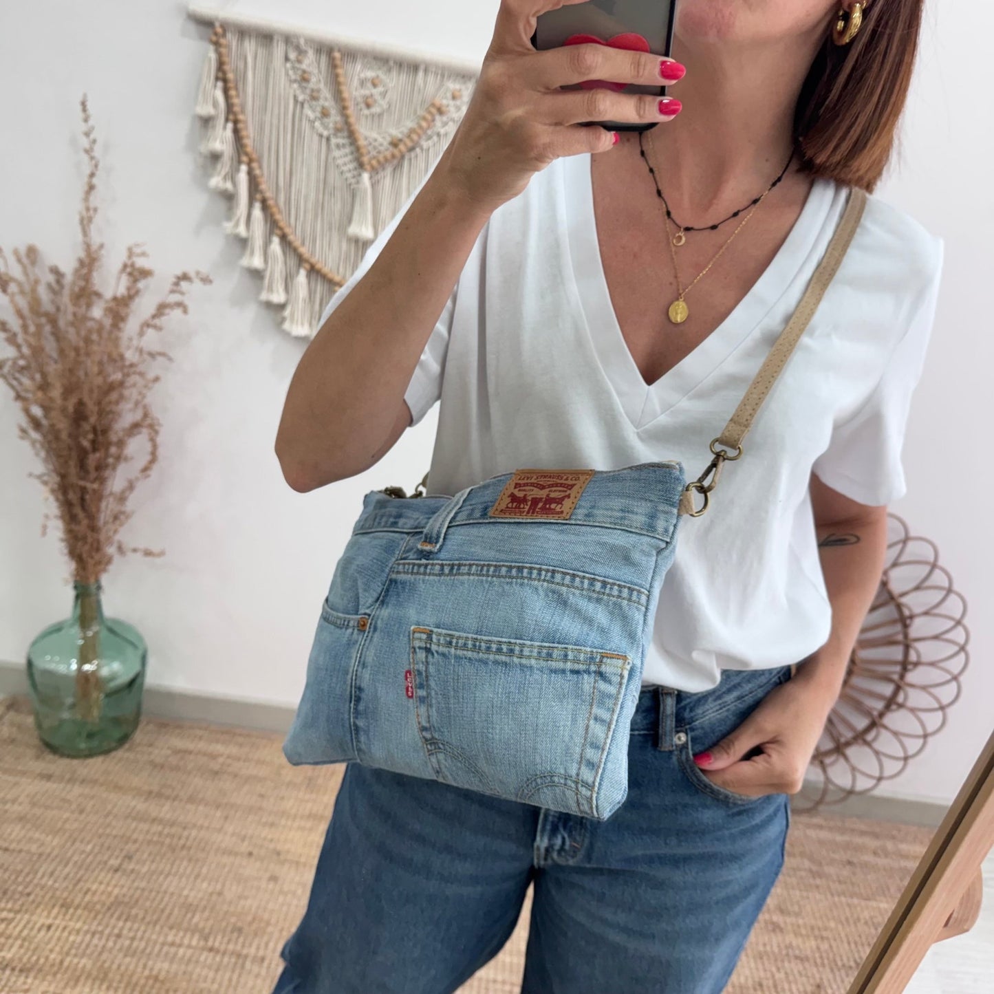 Bandolera denim asas piel taupe iniciales bordadas - Bubbleshopbcn