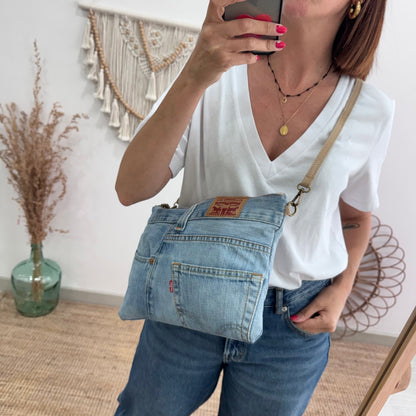 Bandolera denim asas piel taupe iniciales bordadas - Bubbleshopbcn