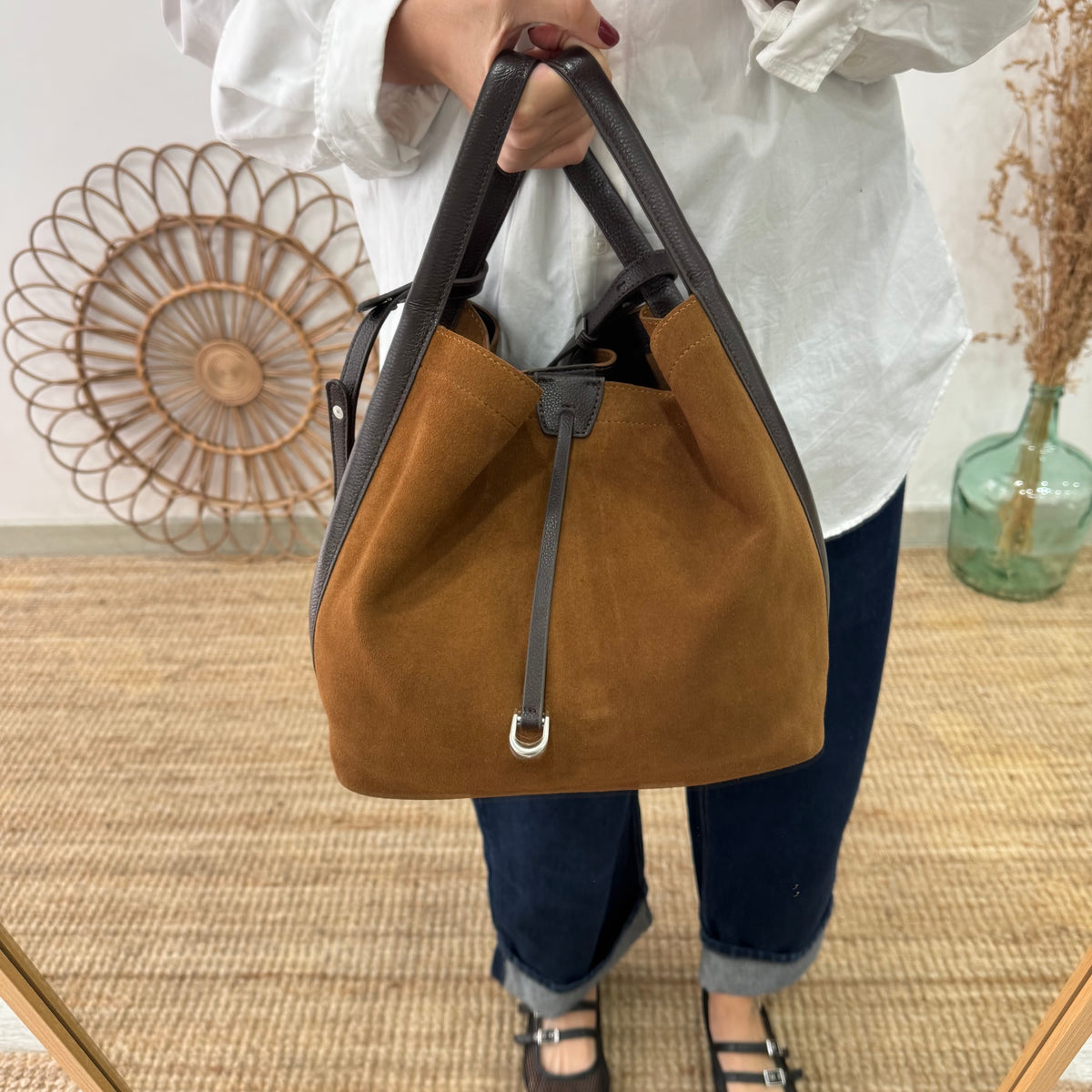 Bolso saco piel y serraje camel