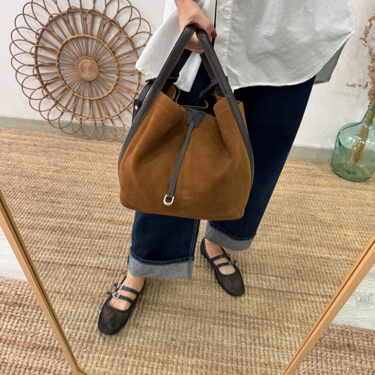 Bolso saco piel y serraje camel