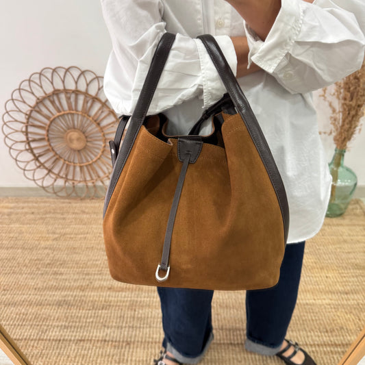 Bolso saco piel y serraje camel