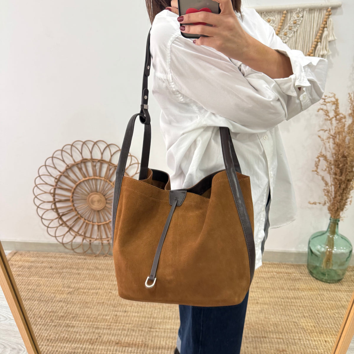 Bolso saco piel y serraje camel