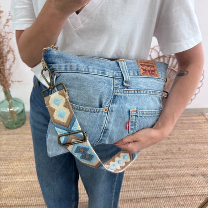 Bandolera denim asas piel taupe iniciales bordadas - Bubbleshopbcn
