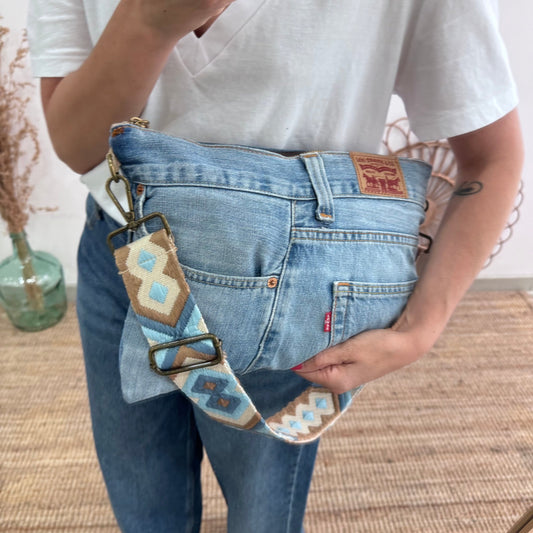 Bandolera denim asas piel taupe iniciales bordadas - Bubbleshopbcn