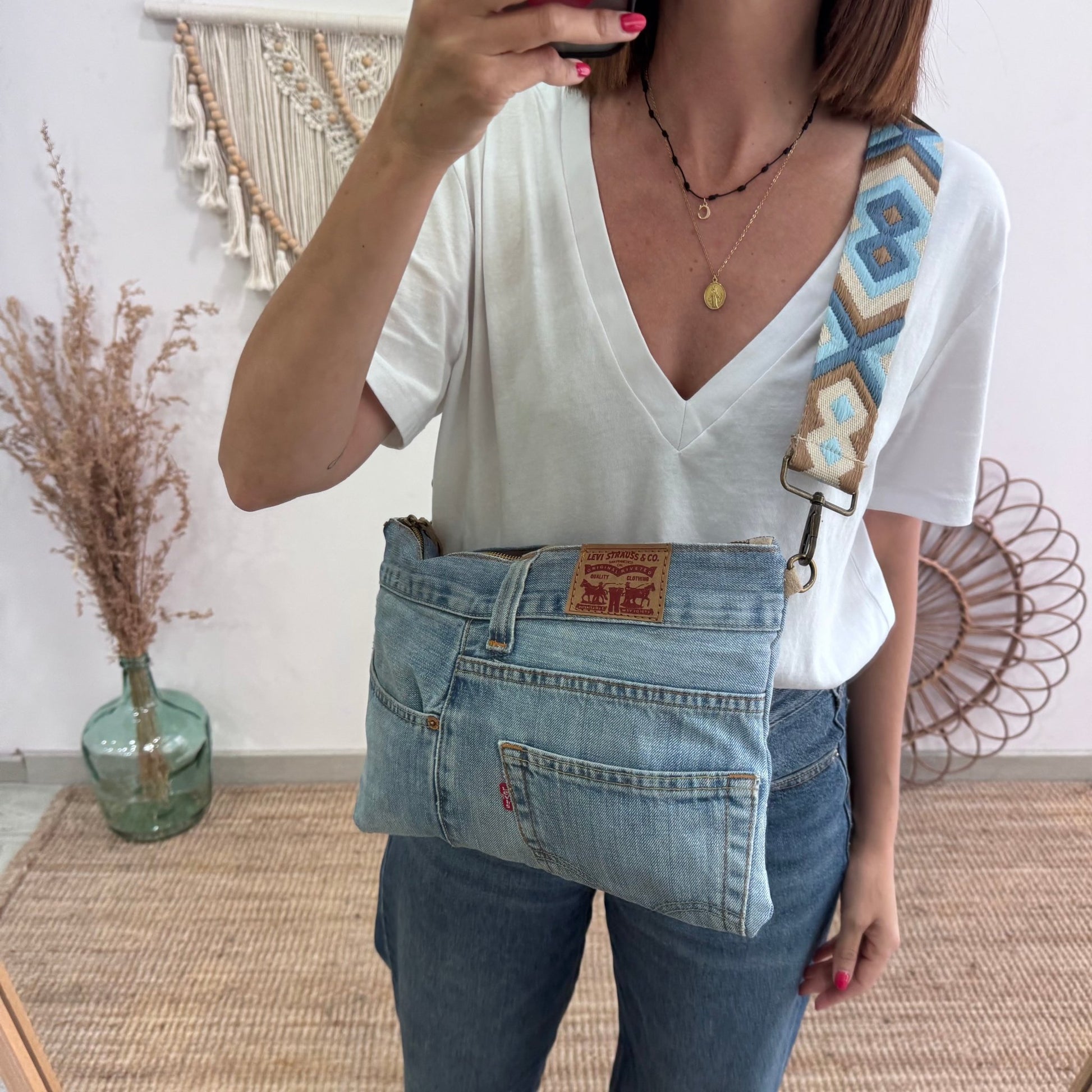 Bandolera denim asas piel taupe iniciales bordadas - Bubbleshopbcn