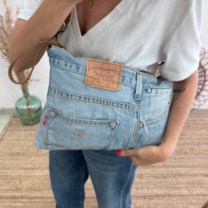 Bandolera denim asas piel camel iniciales bordadas - Bubbleshopbcn