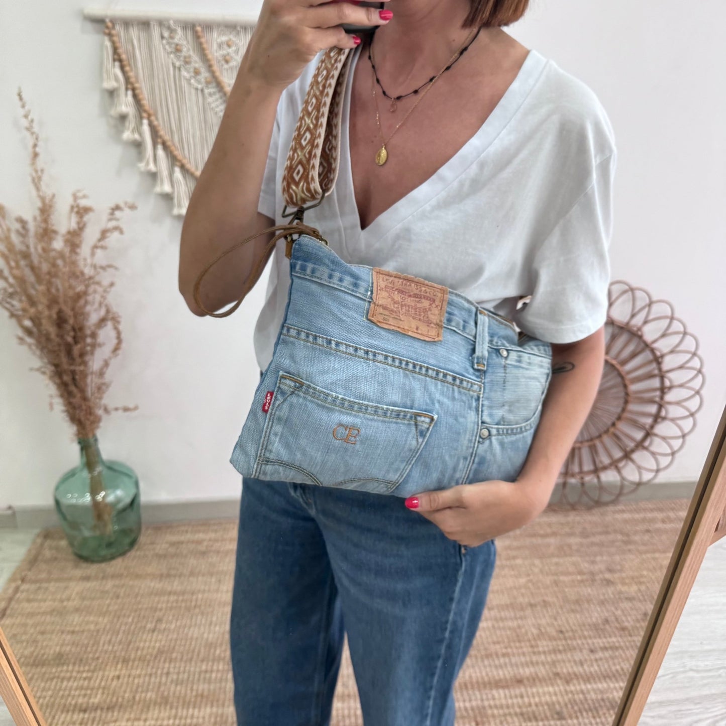 Bandolera denim asas piel camel iniciales bordadas - Bubbleshopbcn
