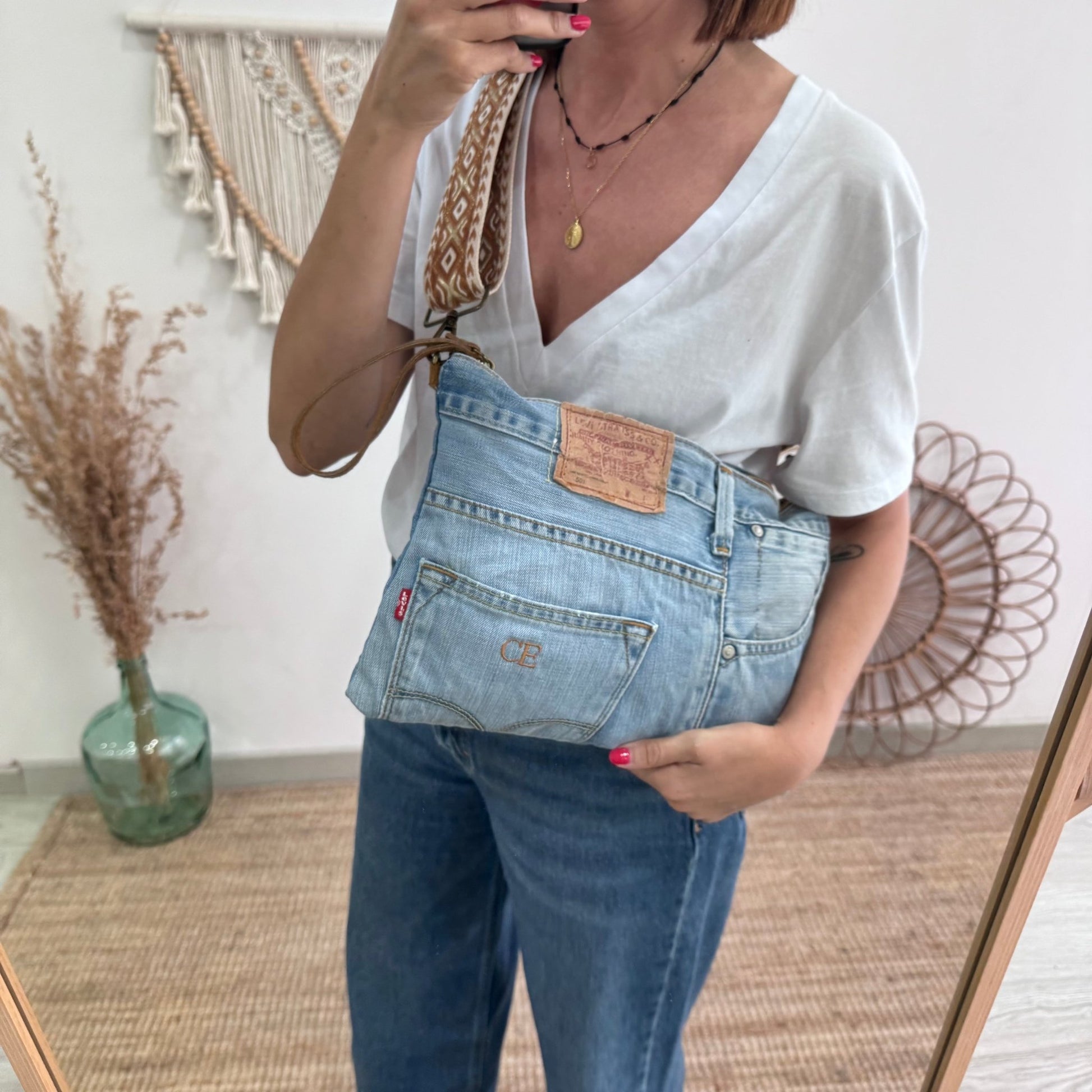 Bandolera denim asas piel camel iniciales bordadas - Bubbleshopbcn