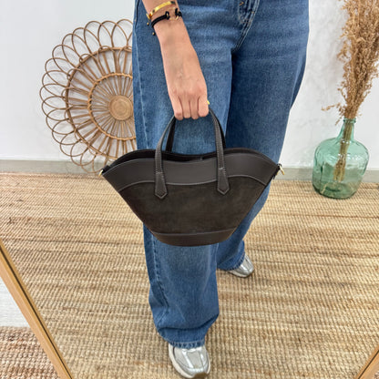 Mini Tote estructurado en piel y serraje marrón